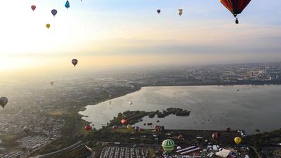 Multicolored hot air balloons take flight during the International Balloon Festival 2019 in Leon, Mexico. EPA