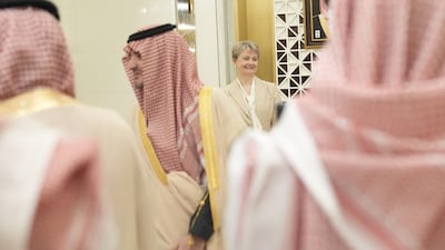 Foreign Secretary Yvette Cooper waits to meet with the Interior Minister Prince Abdulaziz bin Saud Al Saud at the Ministry of Interior in Riyadh, during a visit to Saudi Arabia. PA
