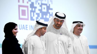 Dr Sultan Ahmed Al Jaber, the Minister of State and chairman of Masdar, second left, with Ahmad Belhoul, chairman of Masdar, second right, Dr Behjat Al Yousuf, interim provost of Masdar Institute, left, and Abdulkarim Almazmi, president and general Manager of BP UAE during the launch of The Catalyst on Sunday. Ravindranath K / The National