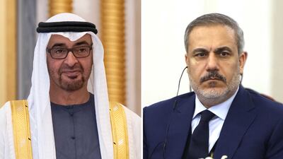 President Sheikh Mohamed discussed the Israel-Gaza conflict with Turkey's Foreign Minister, Hakan Fidan, on Tuesday. Photo: UAE Presidential Court / AFP