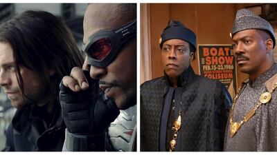 'The Falcon and The Winter Soldier' and 'Coming to America 2' are two of the original TV shows and films available to stream this month. Courtesy Disney / Marvel, Amazon Studios