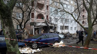 The site of a helicopter crash in the Ukrainian town of Brovary, outside Kyiv. Reuters