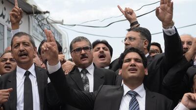 Pakistani lawyers shout slogans during a protest against the killing of their colleagues a day after a suicide bombing struck a crowd of lawyers outside the Civil Hospital in Quetta on August 9, 2016. Aamir Qureshi/AFP
