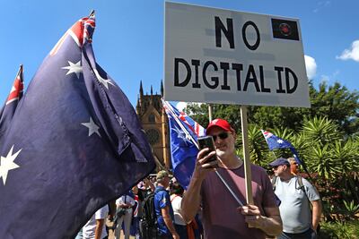 Protesters against digital ID at an Australia Unites for Freedom rally in Sydney. Getty Images