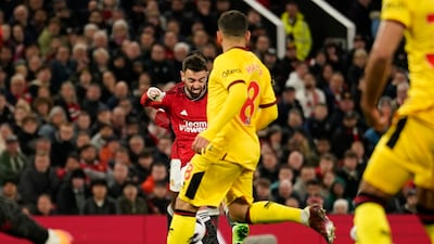 Bruno Fernandes hits a long-range shot to score Manchester United's third goal. AP