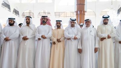 Sheikh Ammar bin Humaid, Crown Prince of Ajman, and Sheikh Mohammed bin Hamad, Crown Prince of Fujairah, perform funeral prayers on the body of Sheikh Khalid. Wam