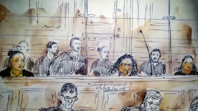 The court sketch in Paris courthouse, shows (LtoR) Ines Madani, Ornella Gilligmann and Sarah Hervouet during the trial of five women on charges of an alleged plot to detonate a car bomb in front of Paris' Notre-Dame cathedral. AFP / Benoit PEYRUCQ