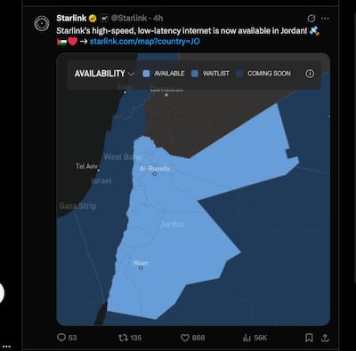 According to Starlink, the company's satellite internet service is now available in Jordan. Photo: Starlink