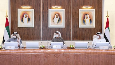 Sheikh Mohammed bin Rashid chairs a UAE Cabinet meeting on Sunday. Pictured with Sheikh Mansour bin Zayed, Deputy Prime Minister and Minister of Presidential Affairs, and Mohammed Gergawi, Minister of Cabinet Affairs. Courtesy: Sheikh Mohammed bin Rashid Twitter