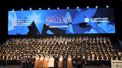 Dr Maha Barakat, Director General of the Health Authority – Abu Dhabi, (front row 4th R), Hazza Al Mansouri (front row 6th R), Sheikh Theyab bin Mohamed bin Zayed, Hussain Al Hammadi (front row 8th R) and Dr Arif Al Hammadi, Executive Vice President of Khalifa University (front row 9th R), stand for a photograph, during the Khalifa University graduation ceremony, at Emirates Palace. Hamad Al Kaabi / Ministry of Presidential Affairs