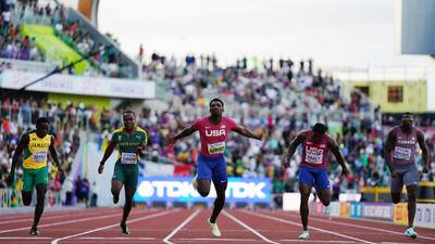 Fred Kerley crosses the line to win the men's 100 metres final at the World Athletics Championships at Hayward Field, Eugene, Oregon, United States on July 16, 2022. Reuters