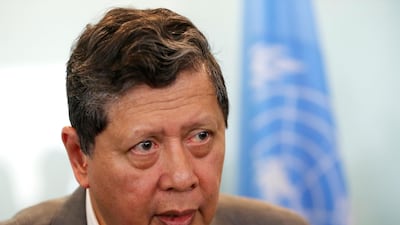 Marzuki Darusman chair of the UN fact-finding mission on Myanmar talks during a press conference in Jakarta, Indonesia, Monday, Aug. 5, 2019. A United Nations fact-finding mission called Monday for an embargo on arms sales to Myanmar and targeted sanctions against businesses with connections to the military after finding they are helping fund human rights abuses.(AP Photo/Achmad Ibrahim)
