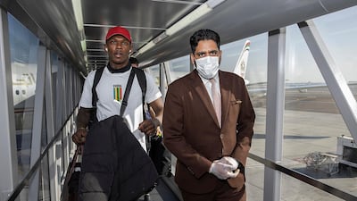 UFC champion Israel Adesanya arrives in Abu Dhabi from Las Vegas. Courtesy Etihad
