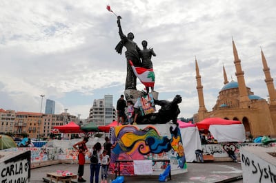 Lebanese protesters gather around Martyrs Square monument in Beirut. AFP