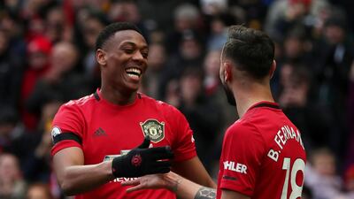 Manchester United's Anthony Martial celebrates scoring with Bruno Fernandes. Reuters