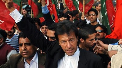 Imran Khan at a protest against the detention of deposed chief justice Muhammad Chaudhry in Lahore in February 2008. Khan's participation in such rallies represented a reversal of his initial support for Pervez Musharaf's emergency rule.