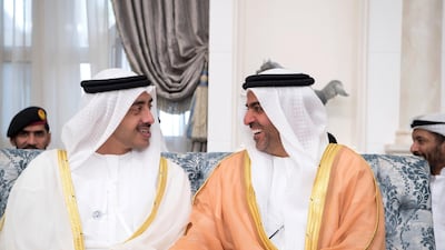 Sheikh Abdullah bin Zayed, left, and Sheikh Hamed bin Zayed. Saeed Al Neyadi / Crown Prince Court - Abu Dhabi