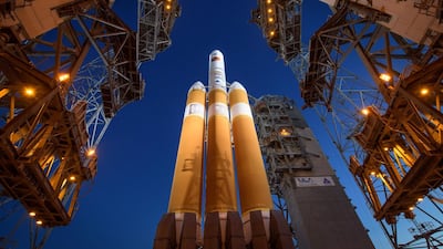 This photo released by NASA shows the United Launch Alliance Delta IV Heavy rocket with the Parker Solar Probe onboard shortly after the Mobile Service Tower was rolled back. AFP/NASA