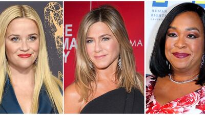 Reese Witherspoon, left, Jennifer Aniston, centre, and Shonda Rhimes are among hundreds of Hollywood women who have formed an anti-harassment coalition called Time's Up. (AP Photo/File)