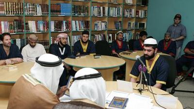 Thirteen inmates at the recitation contest at Al Falia Central Prison in Ras Al Khaimah on Tuesday. Courtesy of Tamer Assal