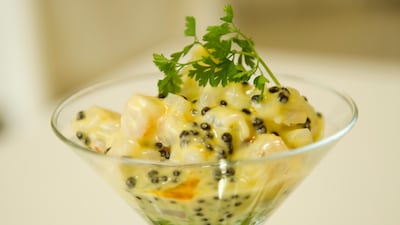 Prawn and caviar hollandaise cocktail by Rhodes Mezzanine.