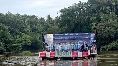 Argentina fans have set up a big screen on the floating platform that shows highlights of World Cup games