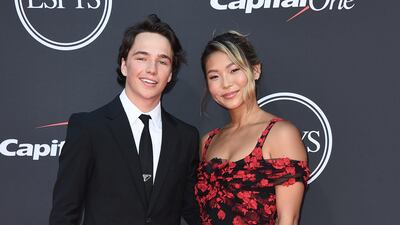 Professional snowboarders Toby Miller, left, and Chloe Kim arrive at the Espy Awards on Wednesday, July 10, 2019, at the Microsoft Theatre in Los Angeles. AP