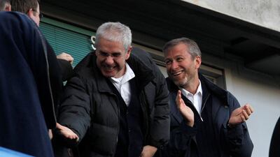 Chelsea owner Roman Abramovich, right, and director Eugene Tenenbaum celebrate a goal in 2012. Reuters