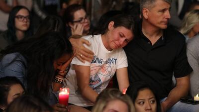 Mourners react during a candlelight vigil at the University of Nevada Las Vegas (UNLV) for victims of the mass shooting in Las Vegas. Eugene Garcia / EPA