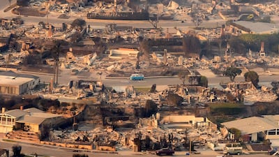 An aerial view shows the extent of the damage done to the Pacific Palisades neighbourhood in Los Angeles, California. AFP