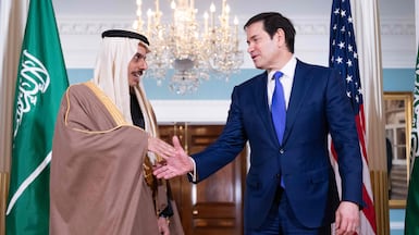 US Secretary of State Marco Rubio greets Saudi Foreign Minister Faisal bin Farhan at the State Department on Wednesday. AFP