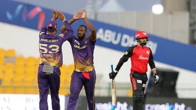 Andre Russell of Abu Dhabi Knight Riders celebrates the wicket of Desert Vipers' Rohan Mustafa in Abu Dhabi. ILT20 / CREIMAS