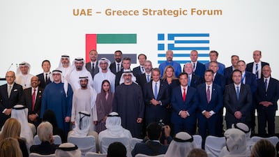 Sheikh Khaled bin Mohamed, Crown Prince of Abu Dhabi, with UAE and Greek representatives in Athens. Photo: G42