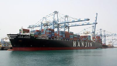 The Khalifa Port Container Terminal, which now handles all cargo shipments to the capital, welcomes South Korea's Hanjin Shipping's main line Far East - Middle East Express. Courtesy Abu Dhabi Terminals