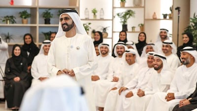 Sheikh Mohammed bin Rashid, Vice President of the UAE and Ruler of Dubai, with his team at a recent brainstorming session. Dubai Media Office