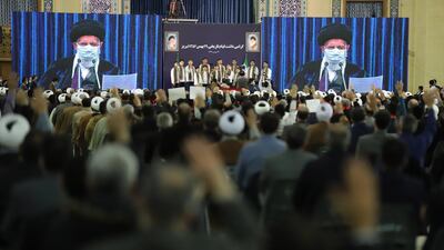 A handout picture made available by Iran's supreme leader office shows people from eastern Azerbaijan listening to Ayatollah Khamenei via video conference in Tehran, Iran, 17 February 2021. EPA