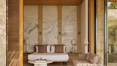 Amanzoe’s 10 villas feature open terraces with marble floors, drystone-clad walls, concrete columns and cornices