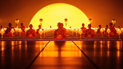 Buddhist monks take part in Makha Bucha celebrations in Thailand's Wat Dhammakaya Buddhist temple. AFP