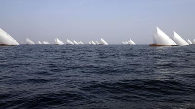 Dhows participate in the Al Gaffal traditional long-distance dhow sailing race near the island of Sir Bu Nair towards Dubai. More than a hundred traditional dhow racing boats are taking part in the Al Gaffal race from Sir Bu Nayer Island to Dubai. Karim Sahib / AFP