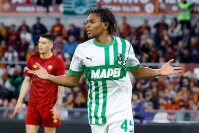 Sassuolo's Armand Lauriente celebrates after scoring against Roma. EPA
