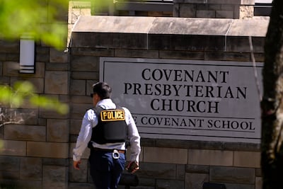 A police officer at an entrance to The Covenant School in Nashville, Tennessee, on March 27. AP