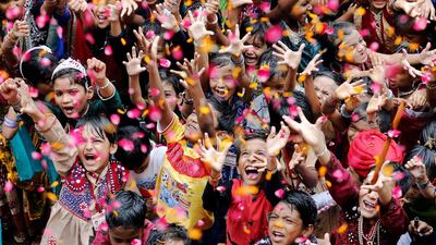 Children cheer as they celebrate Janmashtami festival, marking the birth anniversary of Hindu Lord Krishna, at a school in Ahmedabad. Amit Dave / Reuters
