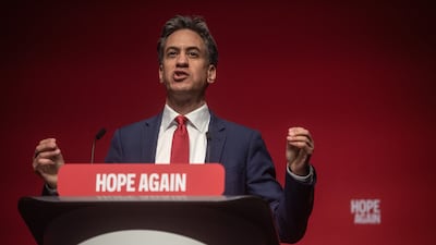 UK Foreign Secretary Ed Miliband speaking at the Labour Party annual conference in Liverpool. Bloomberg