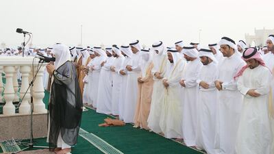 Dr Sheikh Sultan bin Mohammed Al Qasimi, the Ruler of Sharjah, leads Eid prayers in Budaiya. Photo Courtesy WAM