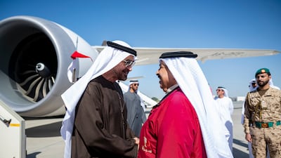 President Sheikh Mohamed was welcomed by King Hamad of Bahrain at Sakhir Air Base. UAE Presidential Court