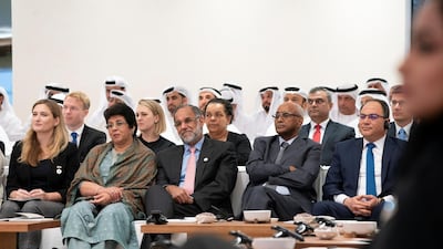 Guests attend a lecture by Dr Beau Lotto (not shown) titled 'The Science of Innovation: Becoming Naturally Adaptable', at Majls Mohamed bin Zayed. Eissa Al Hammadi / Ministry of Presidential Affairs