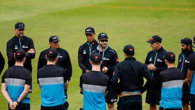 New Zealand's Kane Williamson and head coach Gary Stead with players and coaching staff during practice. Reuters