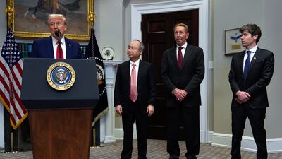 From left, President Donald Trump, SoftBank chief executive Masayoshi Son, Oracle chairman Larry Ellison, and OpenAI chief executive Sam Altman in the Roosevelt Room at the White House. AP