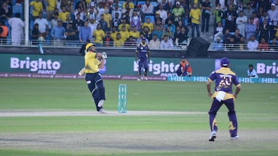 Peshawar Zalmi's Shahid Afridi skies a catch to Zulfiqar Babar off Umar Gul's bowling against Quetta Gladiators. Courtesy PCB