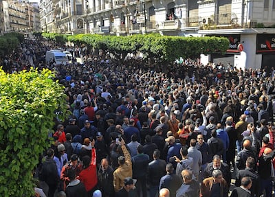 Demonstrators gather during a protest to denounce President Abdelaziz Bouteflika's bid for a fifth term, in Algiers. AP